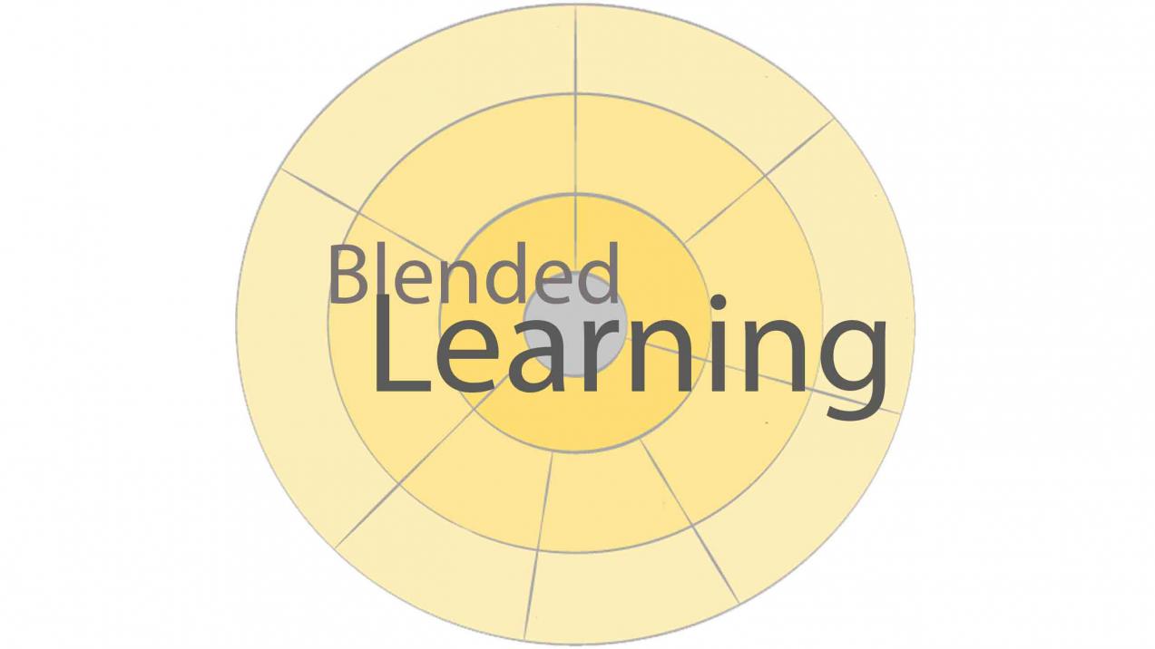 Ein Kreis mit mehreren Sektoren wird überblendet von der Aufschrift Blended Learning